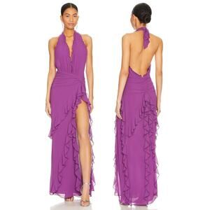 NBD Celenia Maxi Dress Halter Ruched Ruffle Formal Prom Party Fairy Romantic XXS
